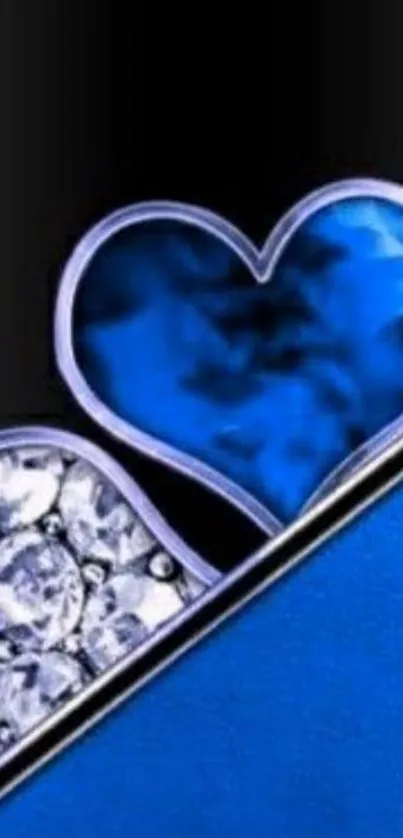 Elegant blue heart design with diamonds on black background.