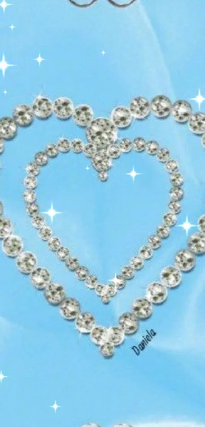 Elegant blue wallpaper with sparkling heart design.