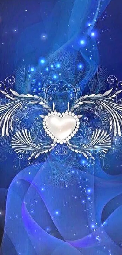 Elegant blue wallpaper with a heart and silver design.