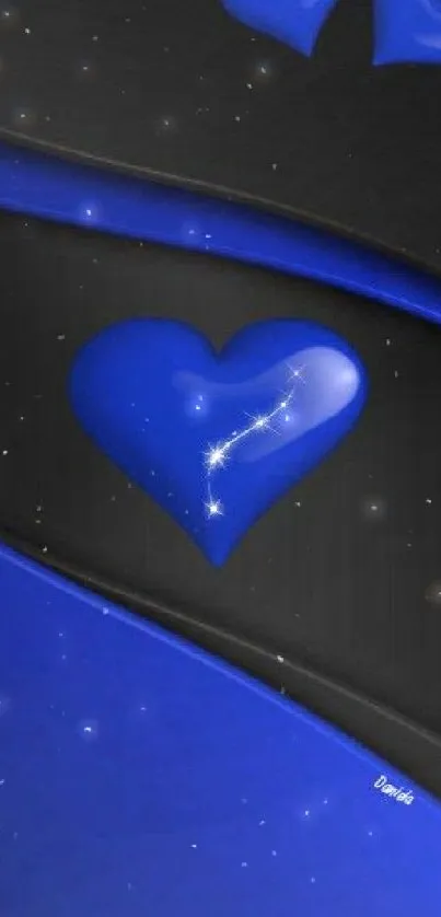 Elegant mobile wallpaper with blue glossy hearts on a dark background.