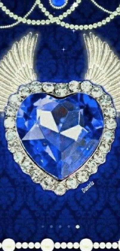 Elegant wallpaper with blue gemstone heart and angel wings.