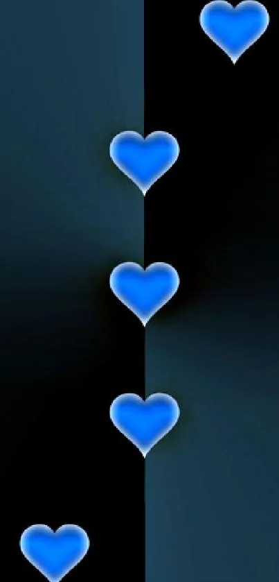 Mobile wallpaper with glowing blue hearts on a dark background.