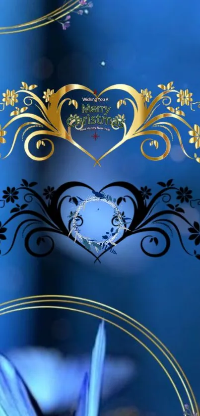 Elegant blue wallpaper with heart and floral designs in gold and black accents.