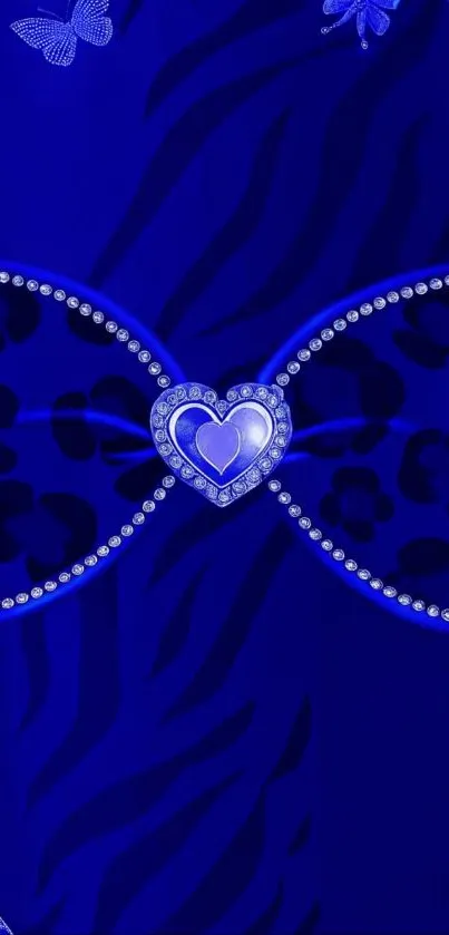 Elegant blue heart wallpaper with butterflies and jewels, perfect for phones.