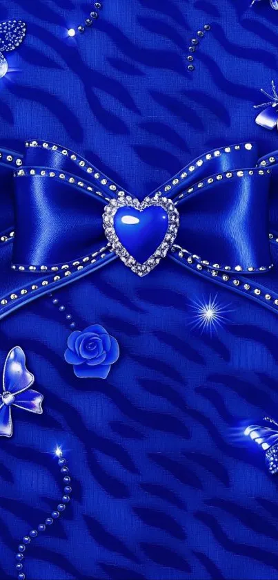 Elegant blue wallpaper with heart jewel and butterflies.