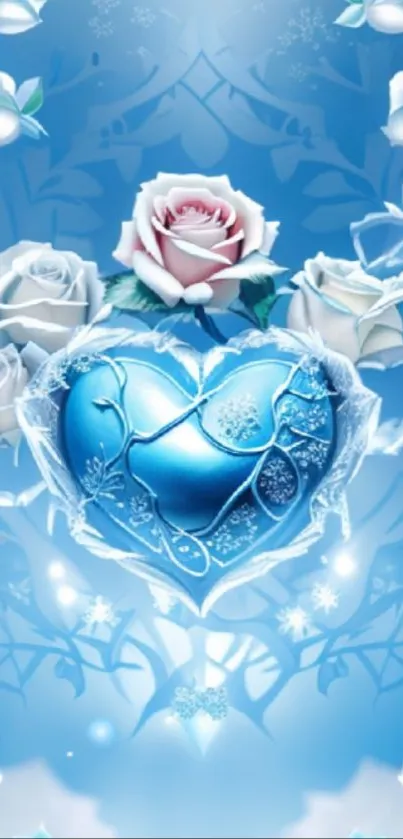 Blue heart and roses with icy designs on a mobile wallpaper.