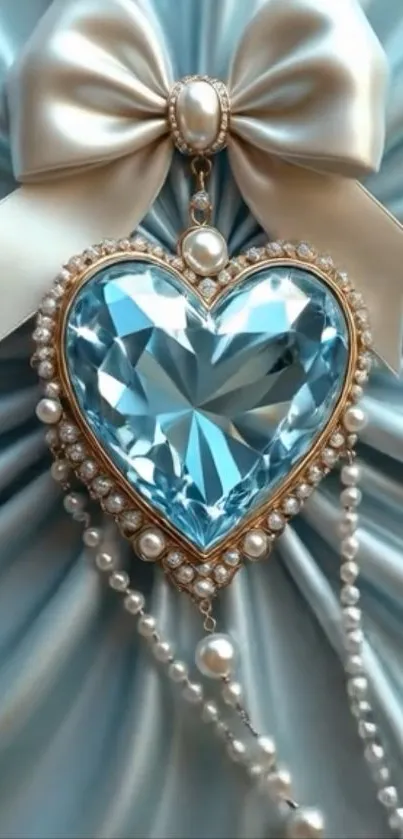 Elegant blue heart wallpaper with sparkling gem and satin bow.