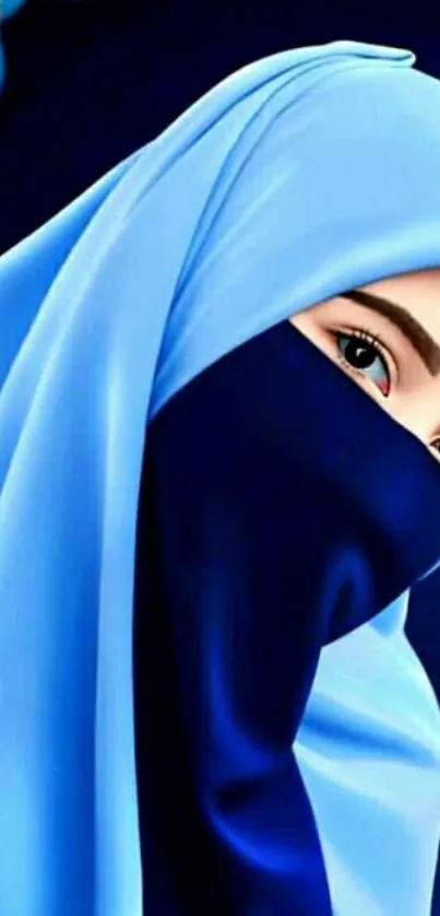 Elegant blue hijab with deep gaze mobile wallpaper.