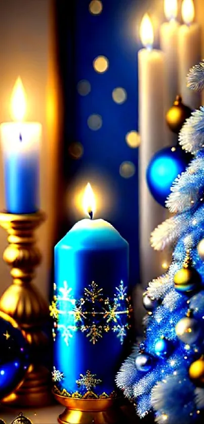 Elegant blue holiday wallpaper with candles and ornaments.