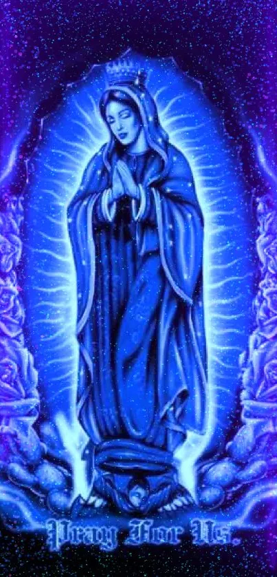 Elegant holy art in blue on black background mobile wallpaper.