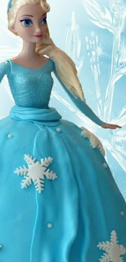 Elegant ice princess in blue gown with snowflake accents.