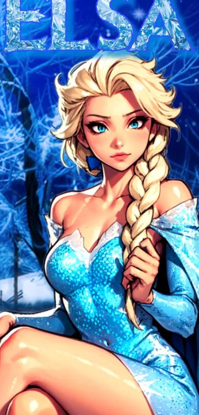 Elegant ice queen in blue dress with winter background.