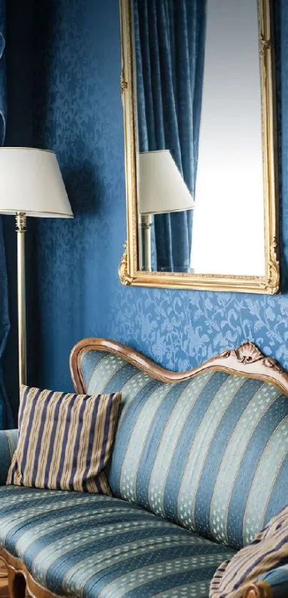 Elegant blue interior wallpaper with sofa, lamp, and gold mirror.