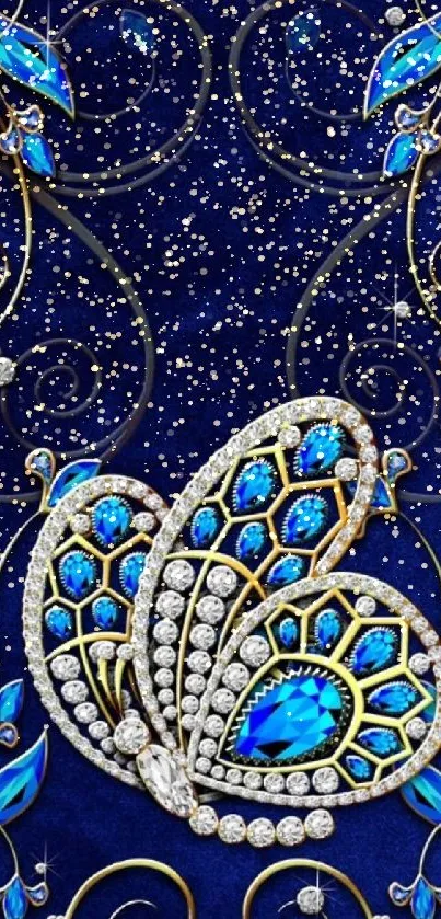 Elegant dark blue wallpaper with a jeweled butterfly design and gold accents.