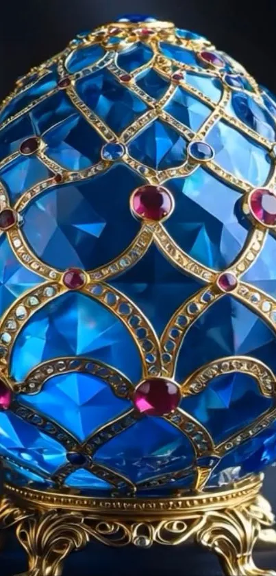 Ornately designed blue jewel egg with gold and red accents.