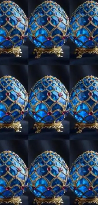 Blue jeweled eggs with gold accents in a luxurious pattern.