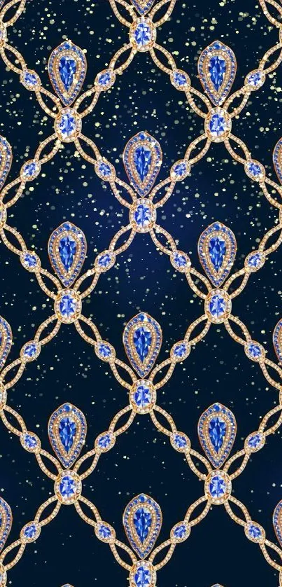 Elegant mobile wallpaper with blue and gold jewel pattern design.