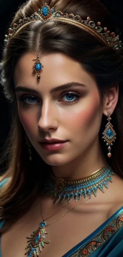 A woman in blue and gold jewelry, elegant and regal mobile wallpaper.