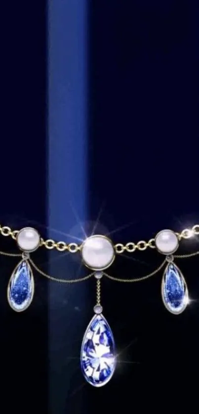 Elegant dark blue wallpaper with jewels and pearls.