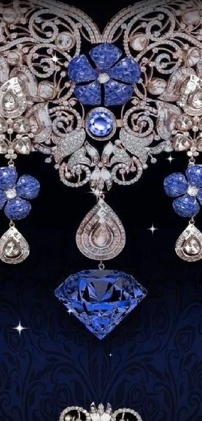 Elegant wallpaper with blue jewels and ornate design.