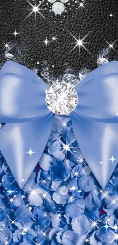 Elegant blue jewel wallpaper with a satin bow and floral design.