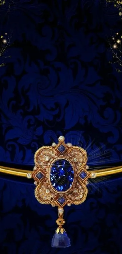 Elegant wallpaper with blue jewel and gold details on dark background.