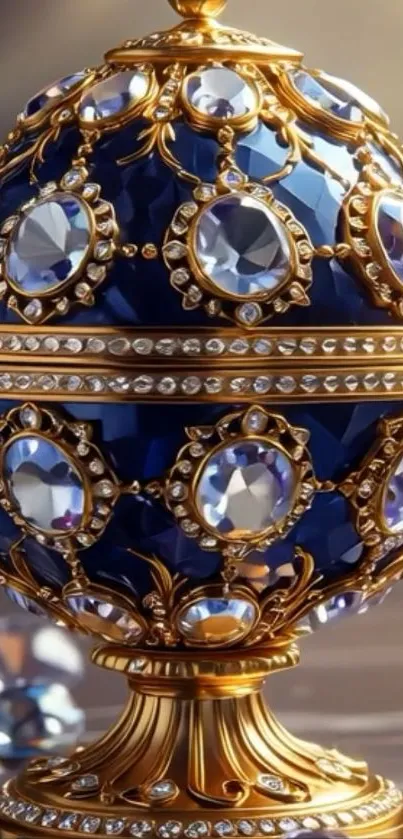 Luxurious blue jeweled egg with gold accents and gems.