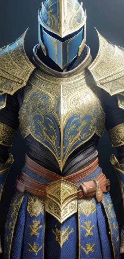 Detailed illustration of a blue knight armor with golden accents.