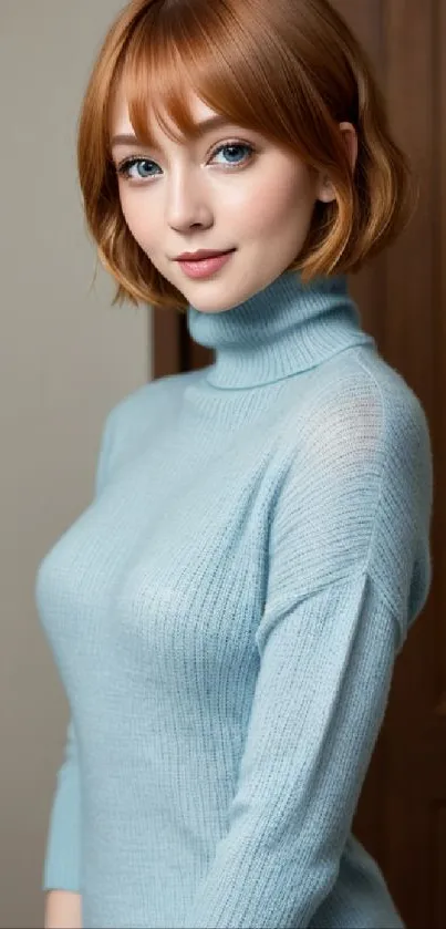 Portrait of woman in blue sweater with serene expression.