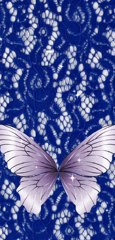 Pink butterfly on blue lace wallpaper.