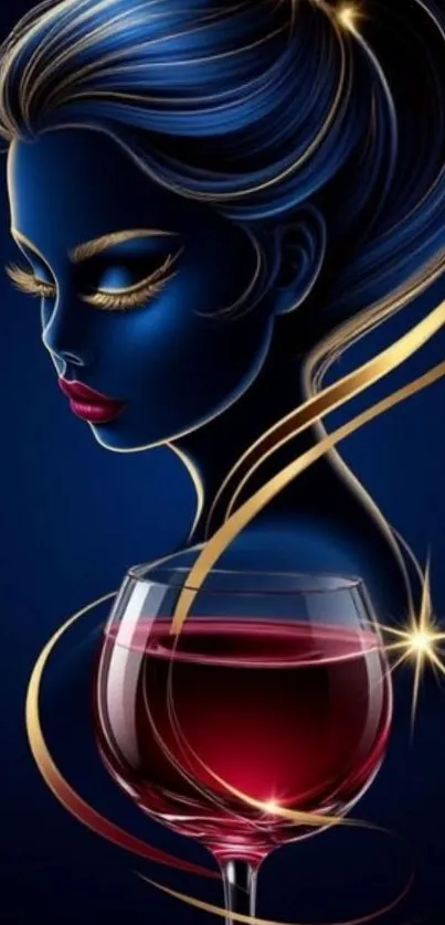 Elegant woman with glass of wine in blue hues.