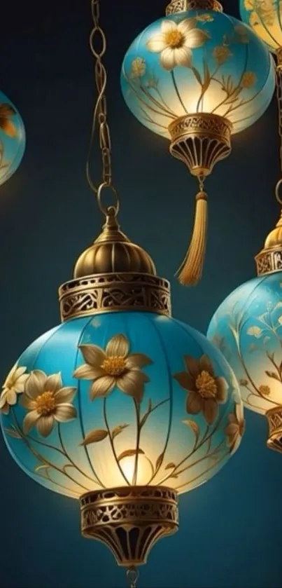 Elegant blue floral lanterns casting a warm glow.
