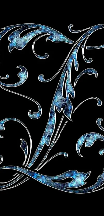 Elegant blue letter art on black background.