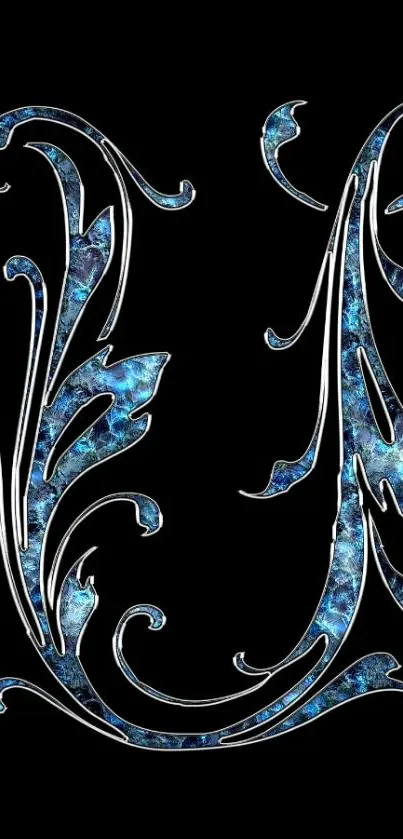 Elegant blue ornamental letter wallpaper on black background.