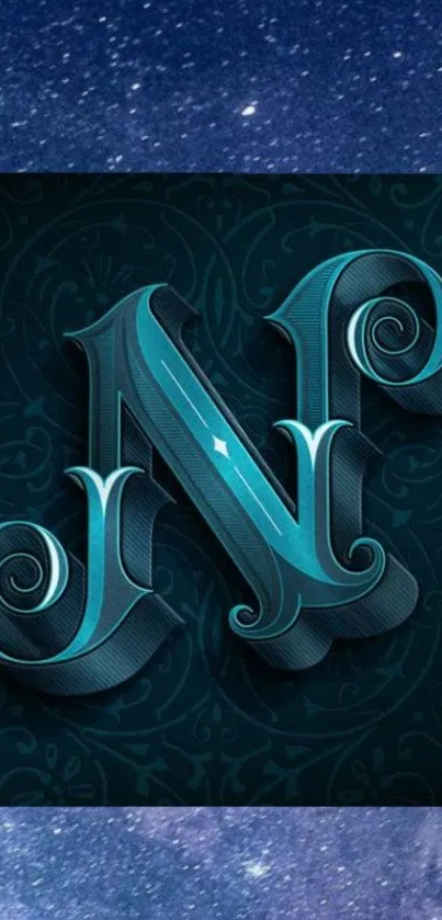 Stylish 3D letter N on dark blue intricate background.