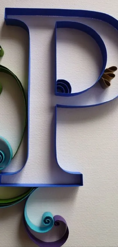 Elegant blue letter P with decorative swirls on textured background.