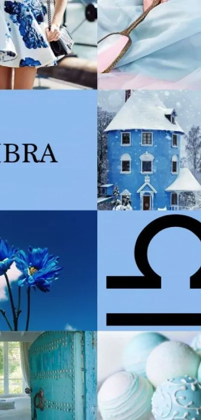 A collage with Libra zodiac theme in sky blue tones and elegant elements.