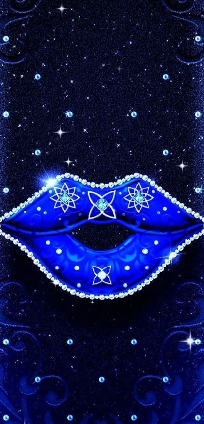 Elegant blue lips with sparkling gems on starry background.