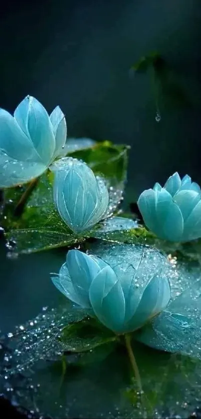 Elegant blue lotus flowers with dewdrops on leaves.