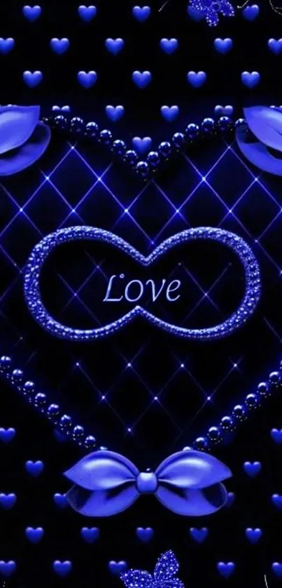 Elegant blue heart with bows and love theme on mobile wallpaper.