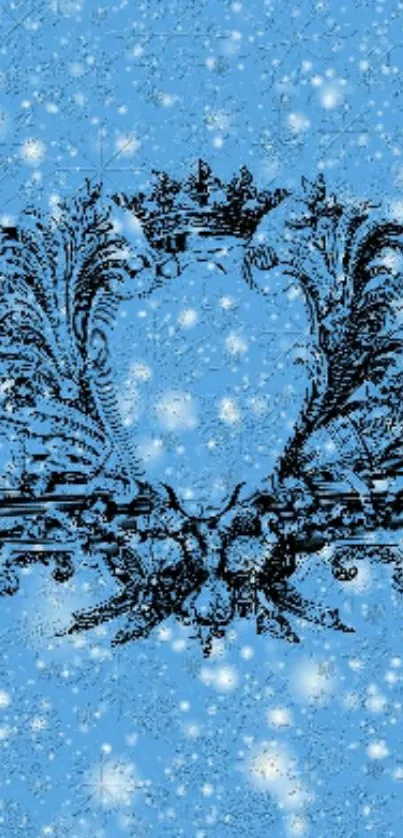 Blue ornamental wallpaper with snow effect on phone screen.