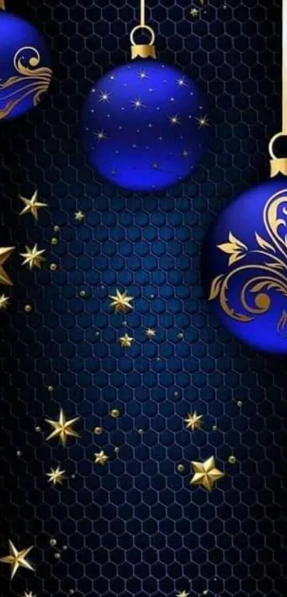 Elegant blue ornaments with gold stars on a hexagonal background.