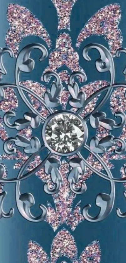 Blue ornate pattern wallpaper with sparkling details.