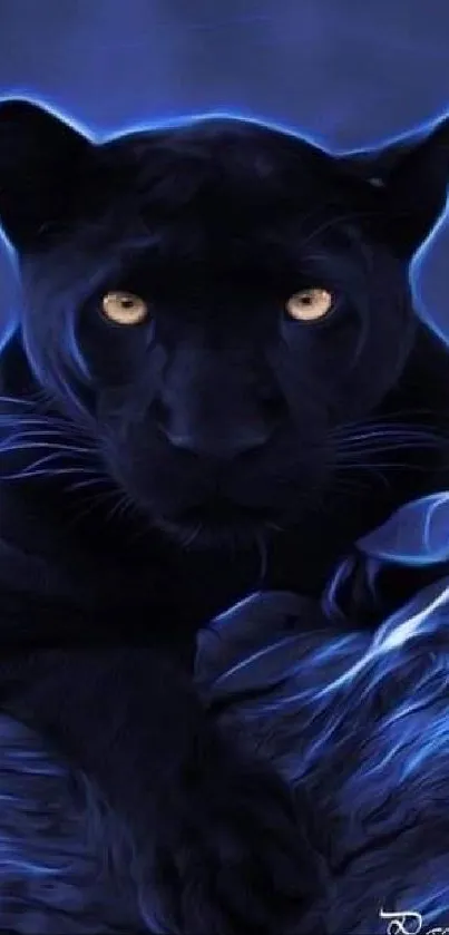 Black panther in blue artistic illustration.