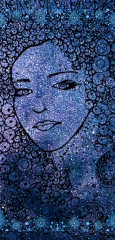 Intricate patterned art of woman's face in blue hues for mobile wallpaper.