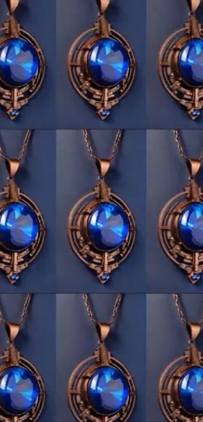 Pattern of elegant blue pendant necklaces on a mobile wallpaper.