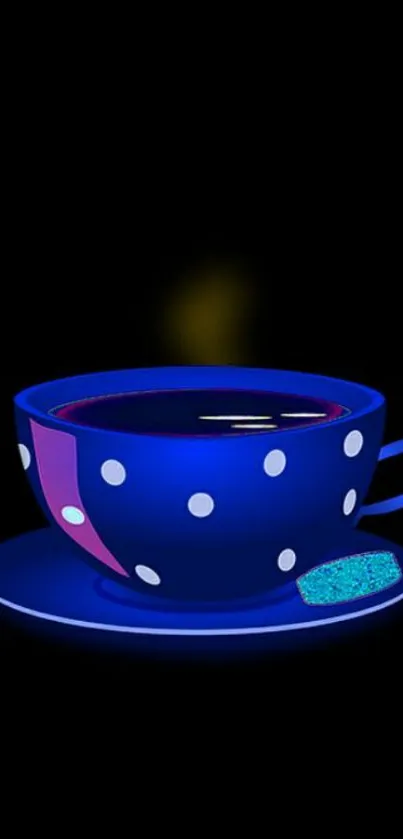 Blue polka dot teacup on dark background wallpaper.