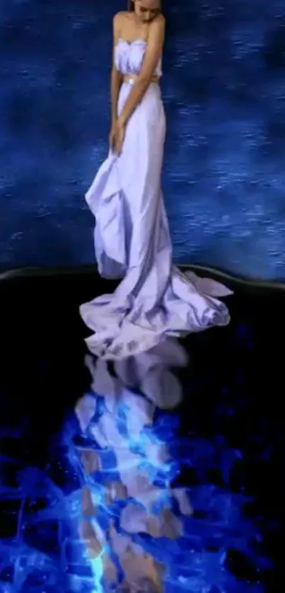 Graceful woman in white gown with blue reflection background.