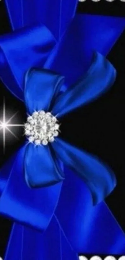 Elegant blue ribbon with sparkling gems on a mobile wallpaper.