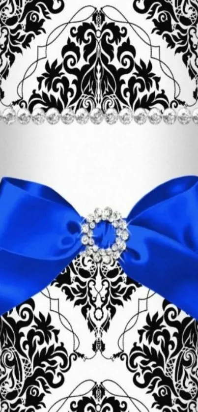 Wallpaper with blue ribbon and intricate patterns.